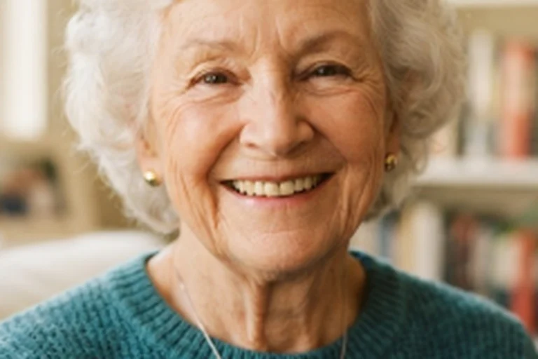 A smiling older woman at home