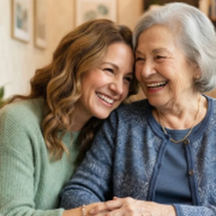 A smiling woman hugging her elderly mother at home